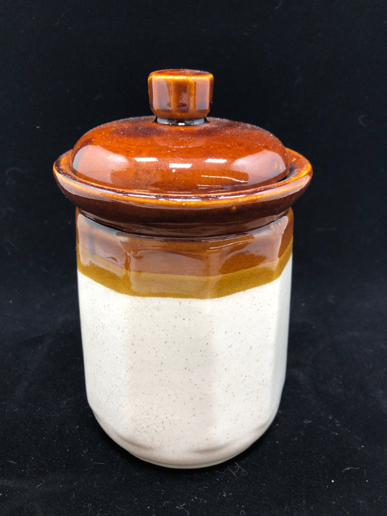4 BROWN DIPPED CERAMIC CANISTERS.