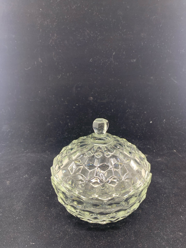 SMALL GLASS CANDY DISH W/ PATTERNS.