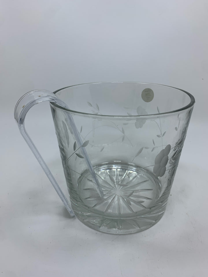 ETCHED GLASS ICE BUCKET W/TONGS- HERITAGE.