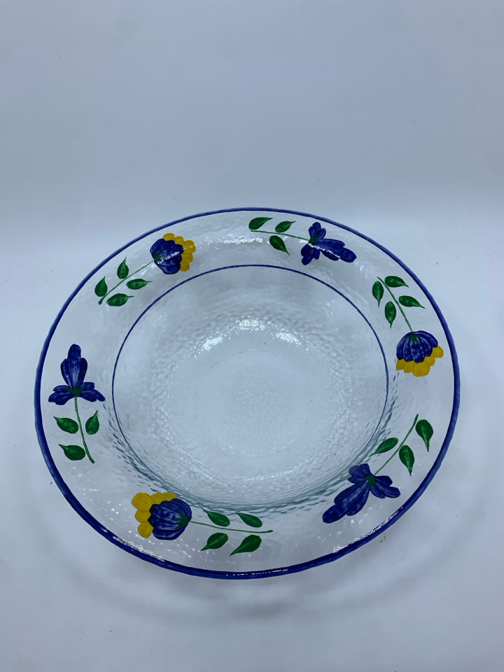 BLUE FLOWER PAINTED GLASS BOWL.