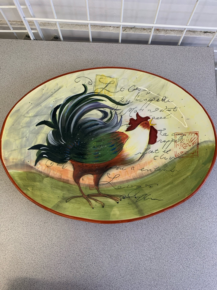 COLORFUL ROOSTER PLATTER W/RED BORDER- SUSAN WINGETS.