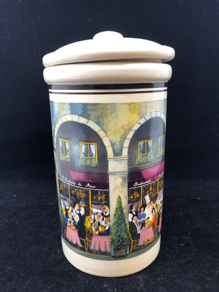 CREAM CANISTER W/ CITY STREET SCENE.
