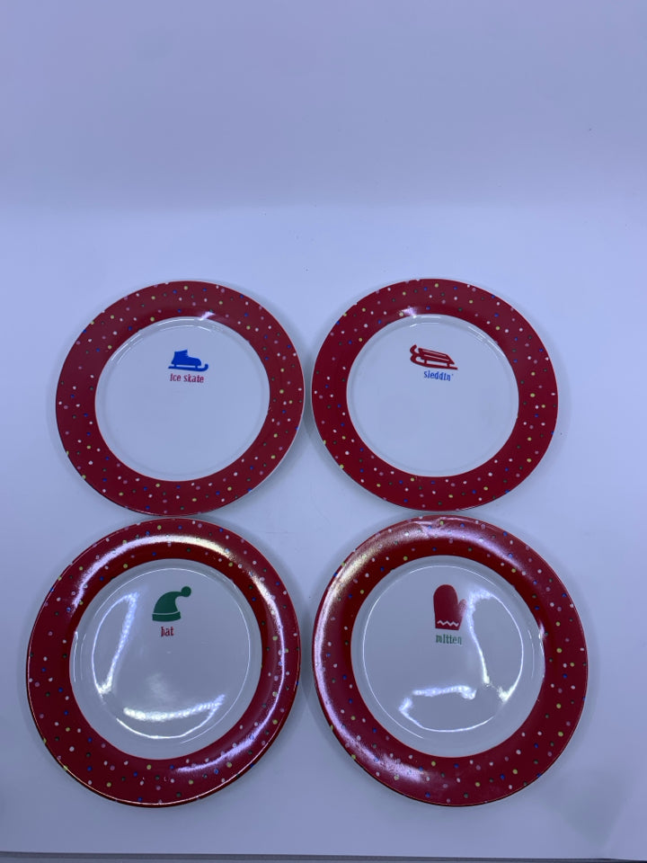 4 RED RIMMED HOLIDAY DECORATIVE PLATES.