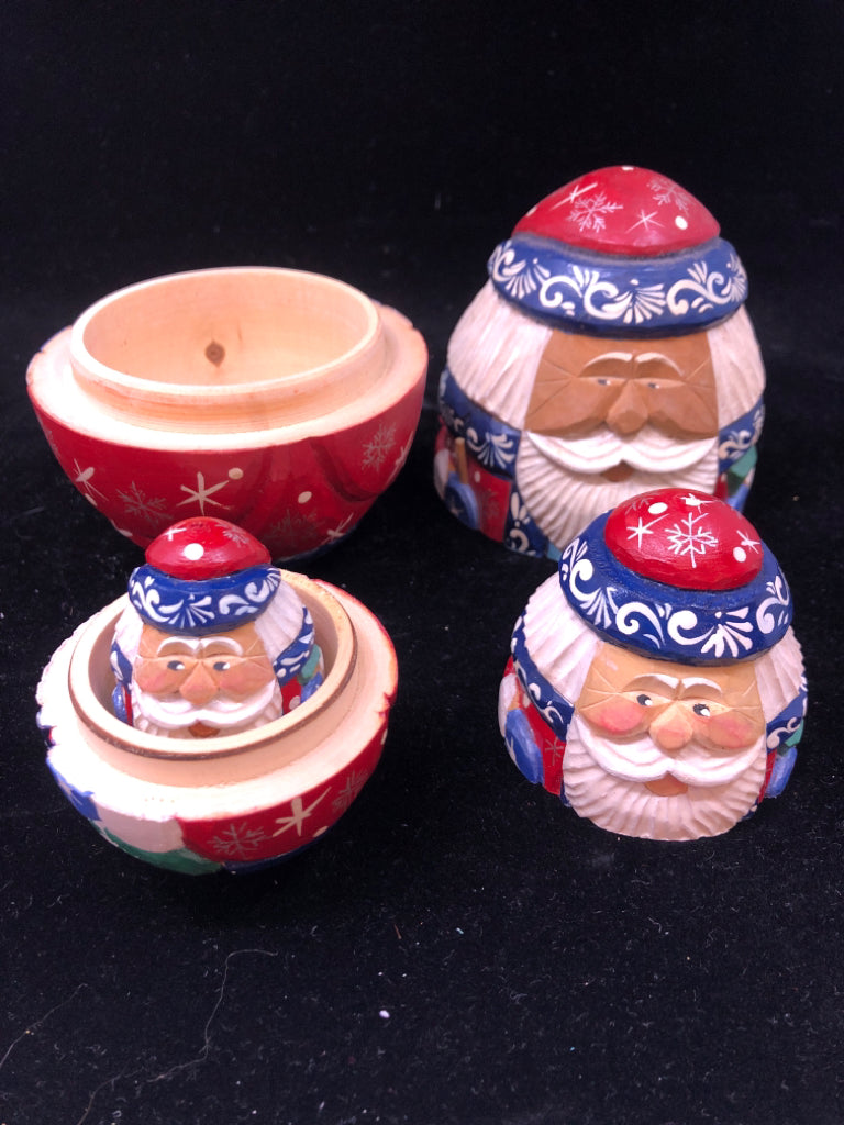 3PC HAND-CARVED SANTA NESTING DOLLS.