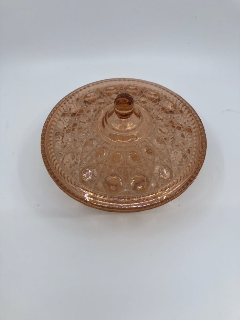 ROUND VTG PINK GLASS CANDY DISH W LID.