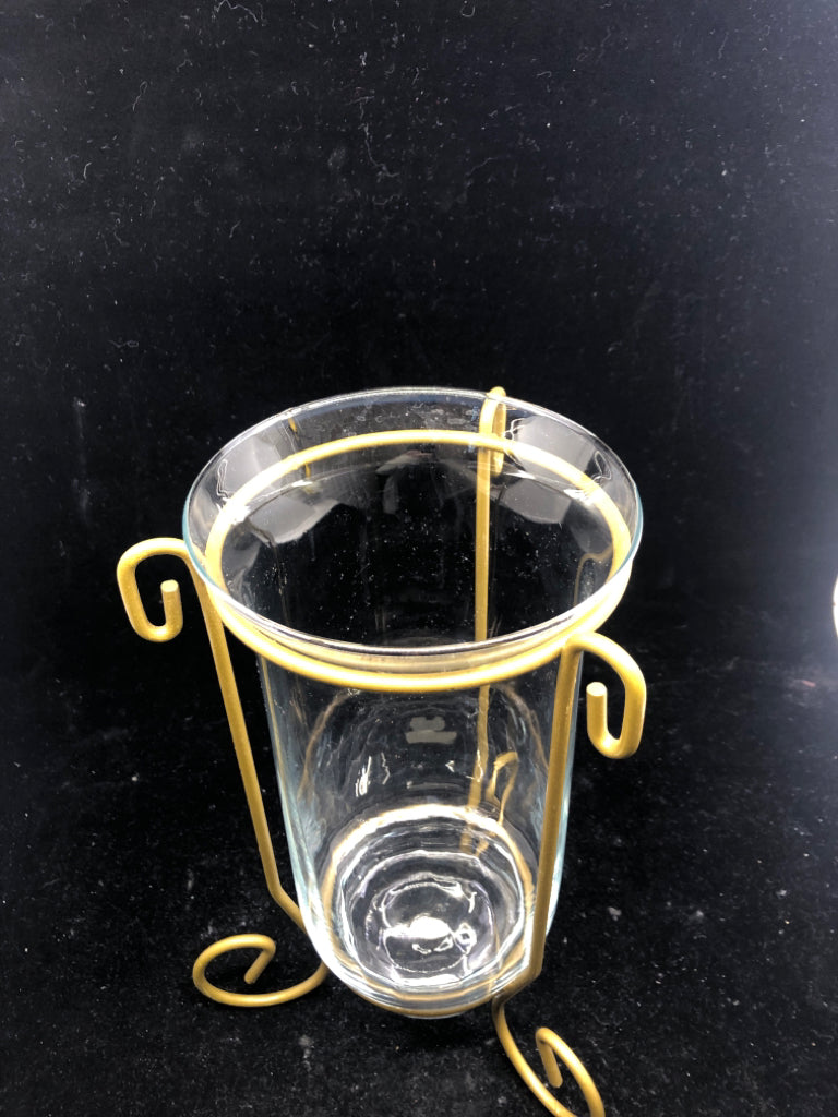 GOLD METAL CANDLE HOLDER W/ GLASS.