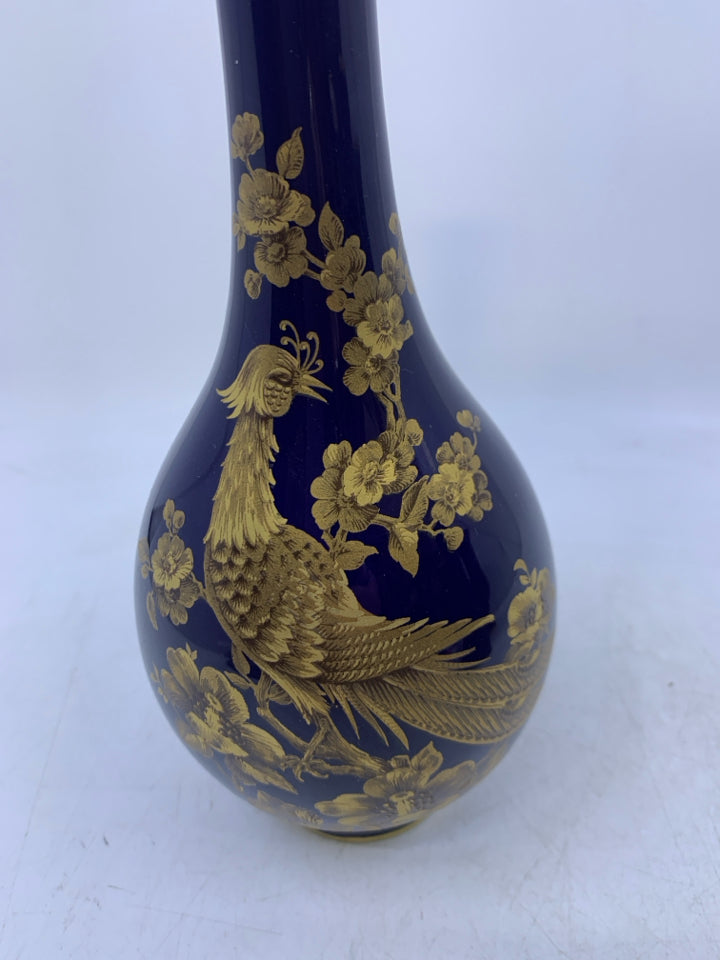 COBALT BLUE VASE W/ GOLD DETAILED BIRD SKINNY NECK.