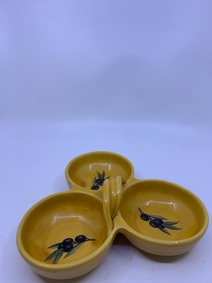 TRIO YELLOW OLIVE DISH WITH MIDDLE HANDLE.