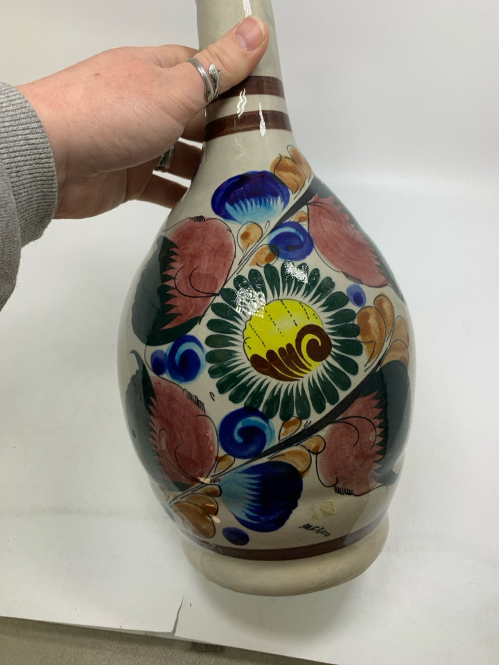 GREY VASE W/ COLORFUL DETAILS LONG NECK.