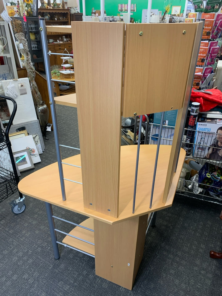 BLONDE CORNER DESK W 3 SHELVES.