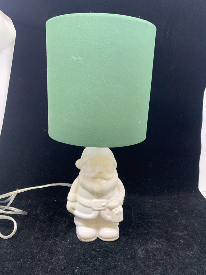 CERAMIC WHITE SANTA BASE W/ DARK GREEN SHADE.