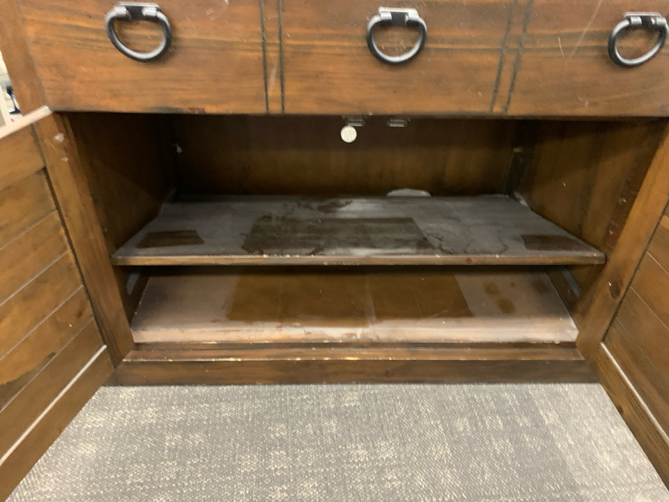 DARK WOOD TV CABINET W SHELF AND BOTTOM CABINET.