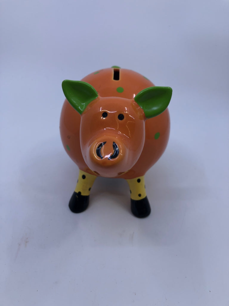ORANGE W GREEN POLKA DOT PIGGY BANK.