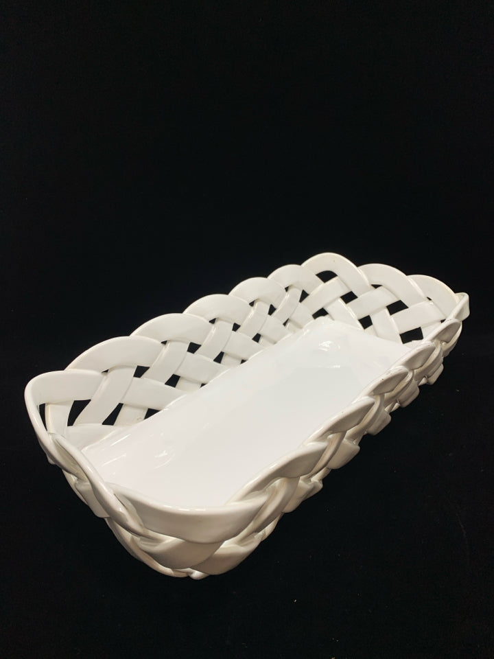 WHITE CERAMIC BASKET WEAVE DISH.