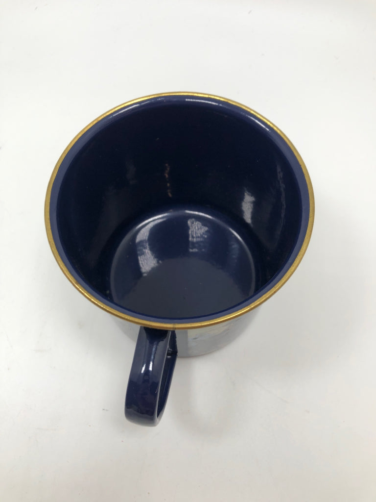 BLUE WORLD MAP MUG W/ GOLD RIM.