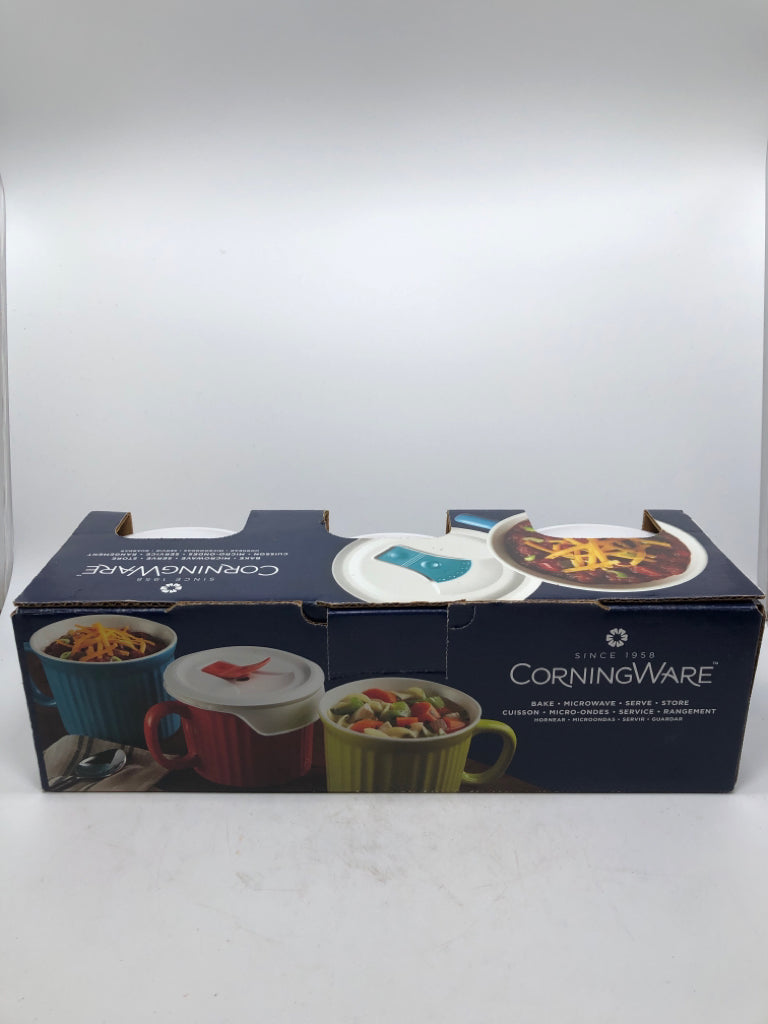 NIB 3PC CORNINGWARE MUGS W/LIDS.
