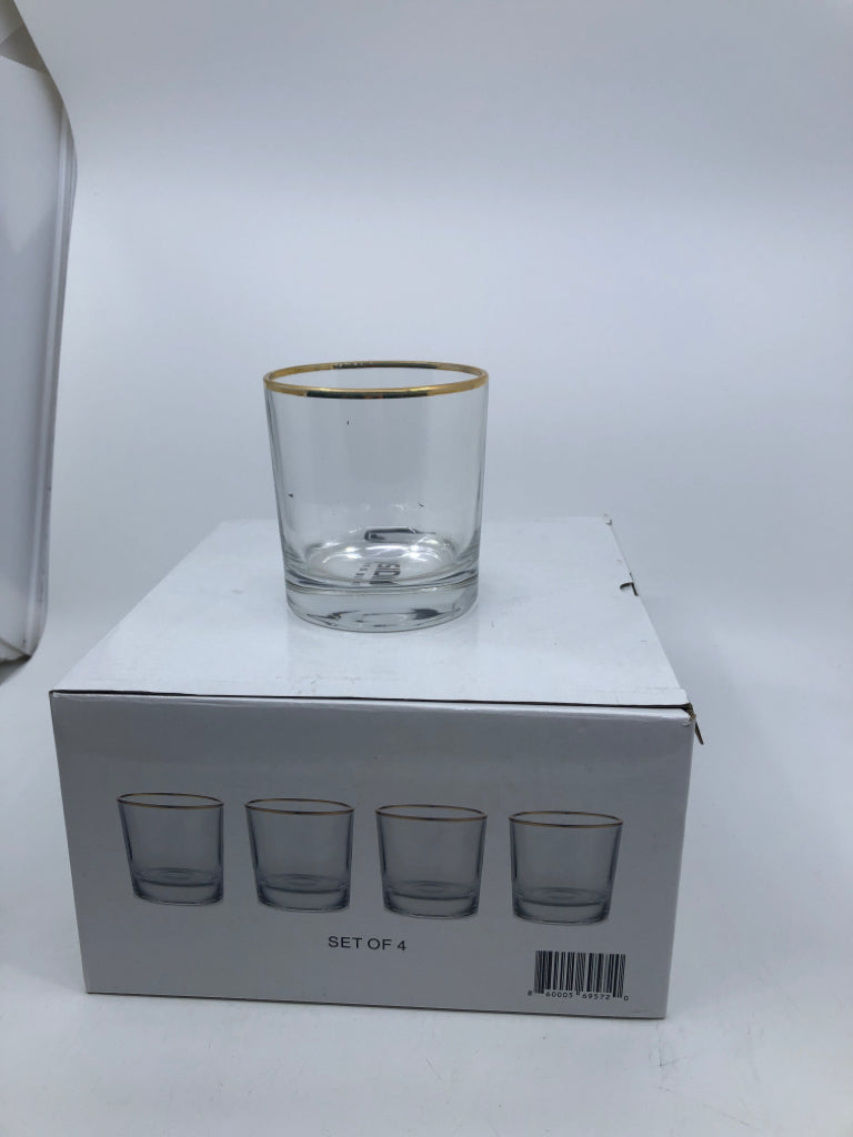 NIB 4 WHISKEY GLASSES W/ GOLD RIM
