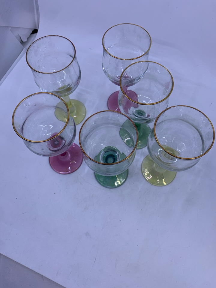 NIB 6 COLORED STEMS WINE GLASSES W GOLD RIM.