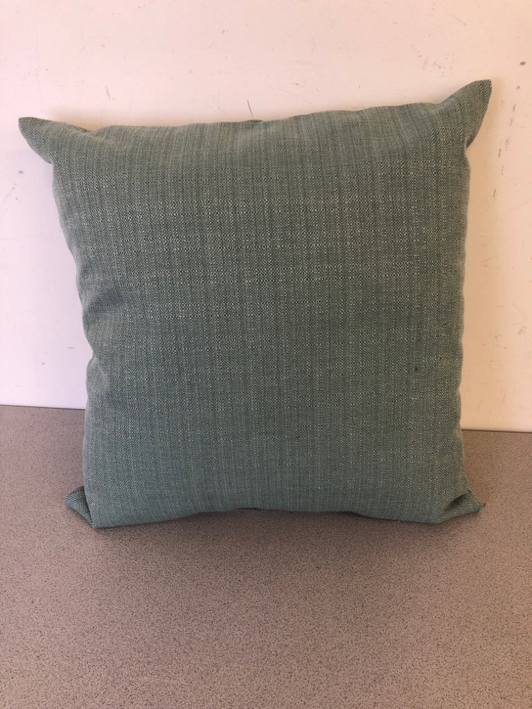 TEAL SQUARE PILLOW W WOOD BUTTON.