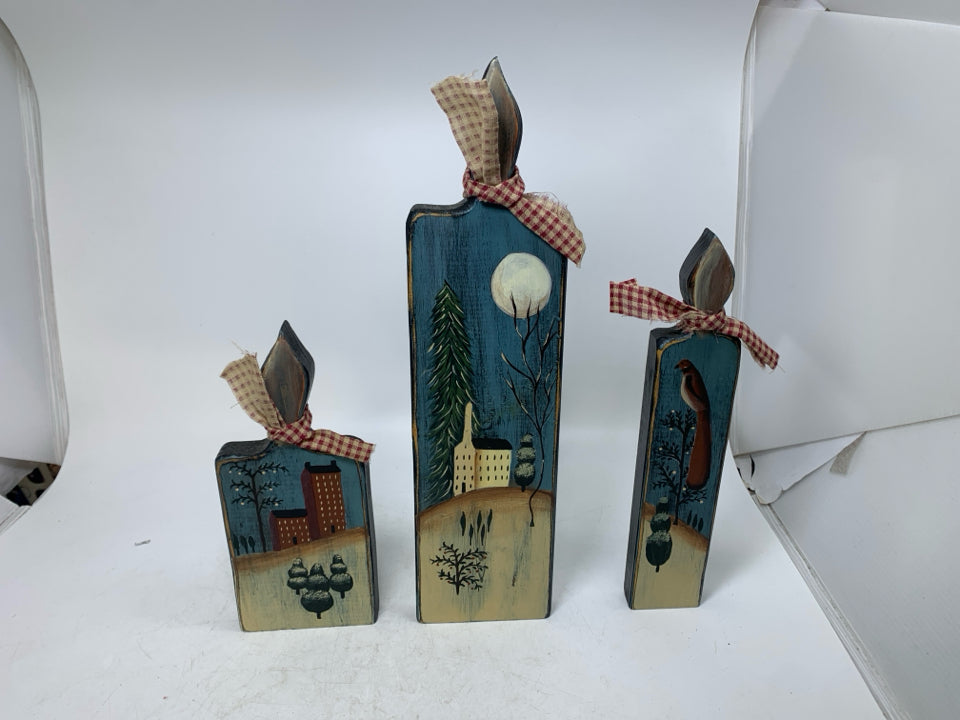 PRIMITIVE STYLE WOOD CANDLE STAND DECOR W/ CHURCH HOUSE BIRD SCENE.