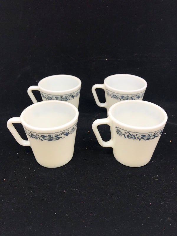 4 NAVY BLUE FLORAL PATTERN PYREX MUGS.