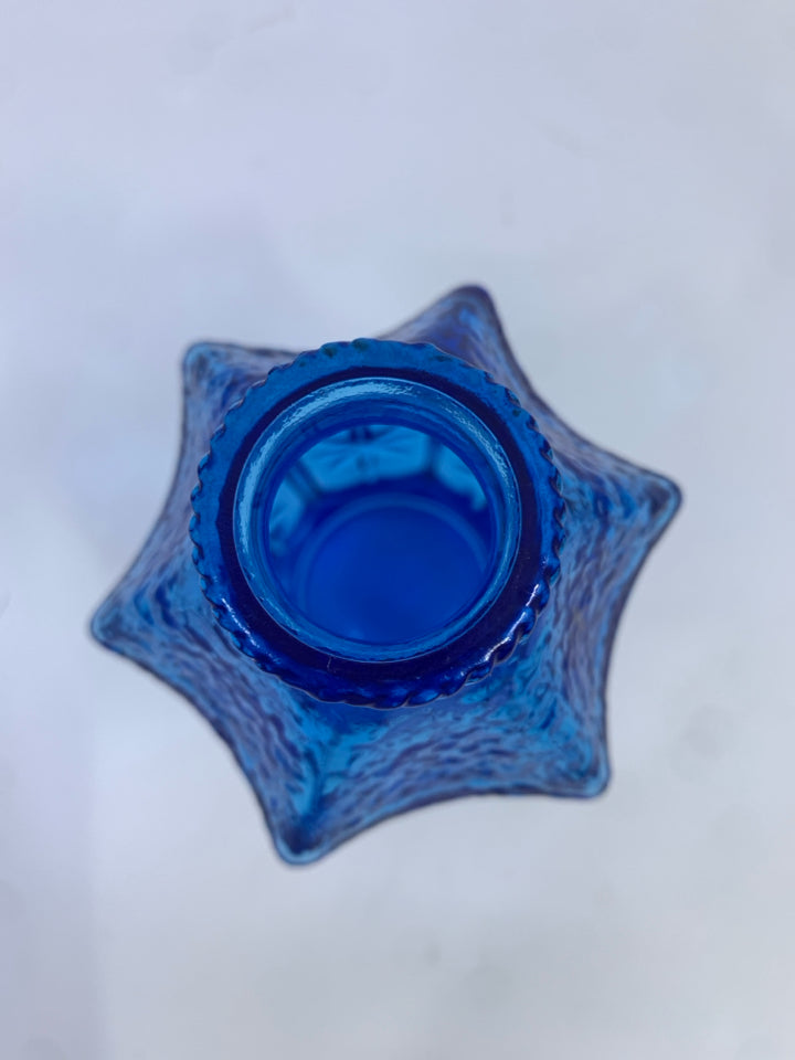 BLUE GLASS HEXAGONAL VASE W/STARS.