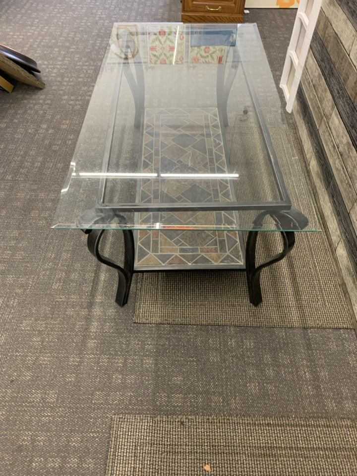 METAL 2 TIER TABLE TILE BOTTOM/GLASS TOP COFFEE TABLE.