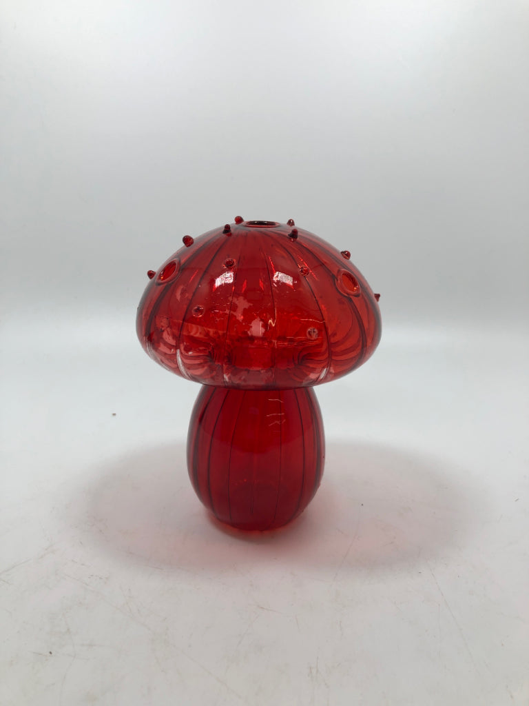RED GLASS MUSHROOM BUD VASE.