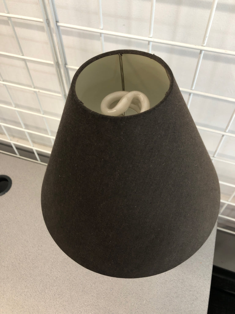 CLEAR RESIN LAMP W/BROWN SHADE.