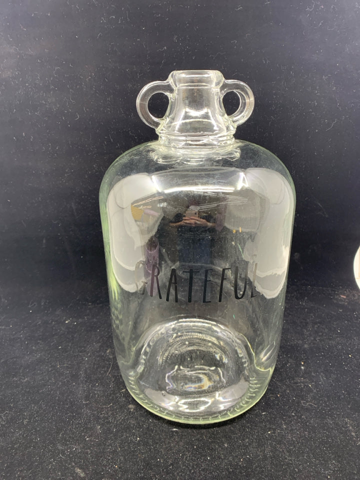 RAE DUNN "GRATEFUL" GLASS BOTTLE.