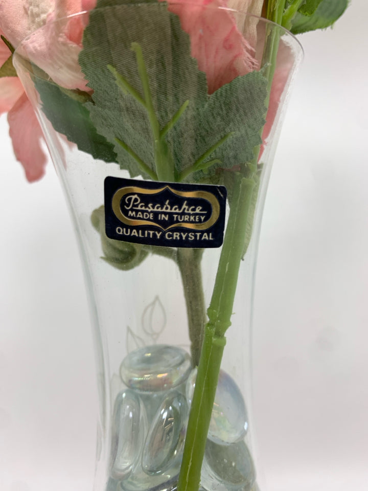FAUX WHITE/PINK FLOWERS IN CLEAR ETCHED VASE.