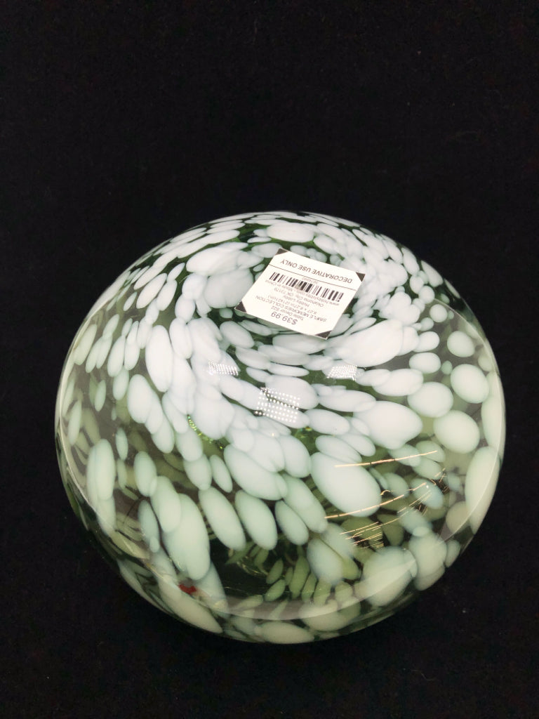 GREEN GLASS WHITE SPECKLED VASE.