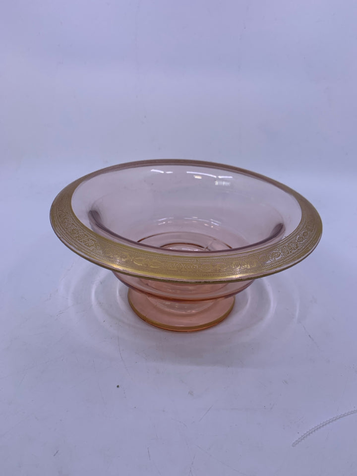 VTG FOOTED PINK DEPRESSION GLASS W/ DETAILED GOLD EDGE CENTERPIECE BOWL.
