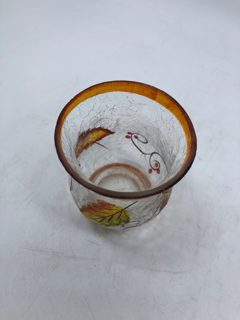 CRACKLE GLASS PAINTED LEAVES SMALL tea light holder.