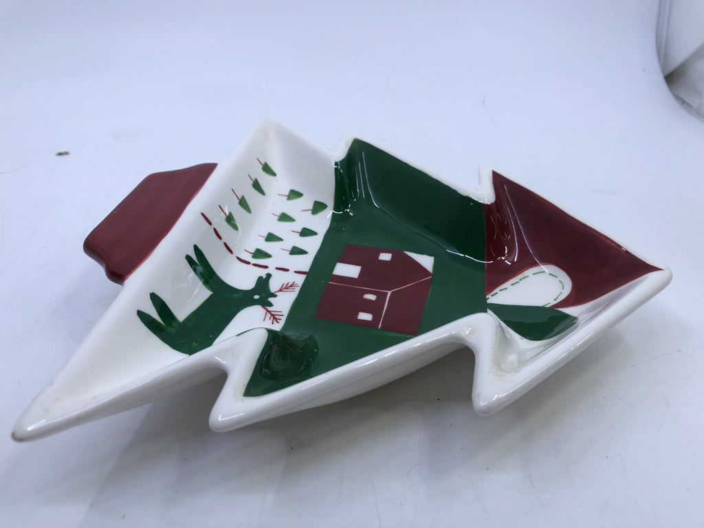 CHRISTMAS TREE SHAPED CERAMIC BOWL W/ REINDEER.