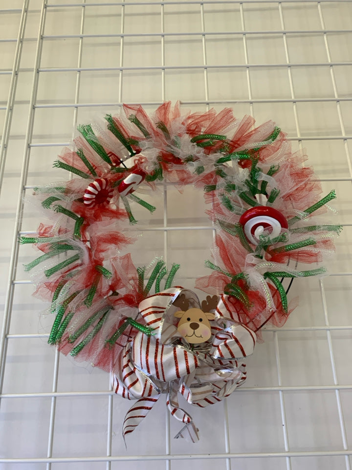 WHITE RED GREEN TULLE HOLIDAY WREATH W BOW.