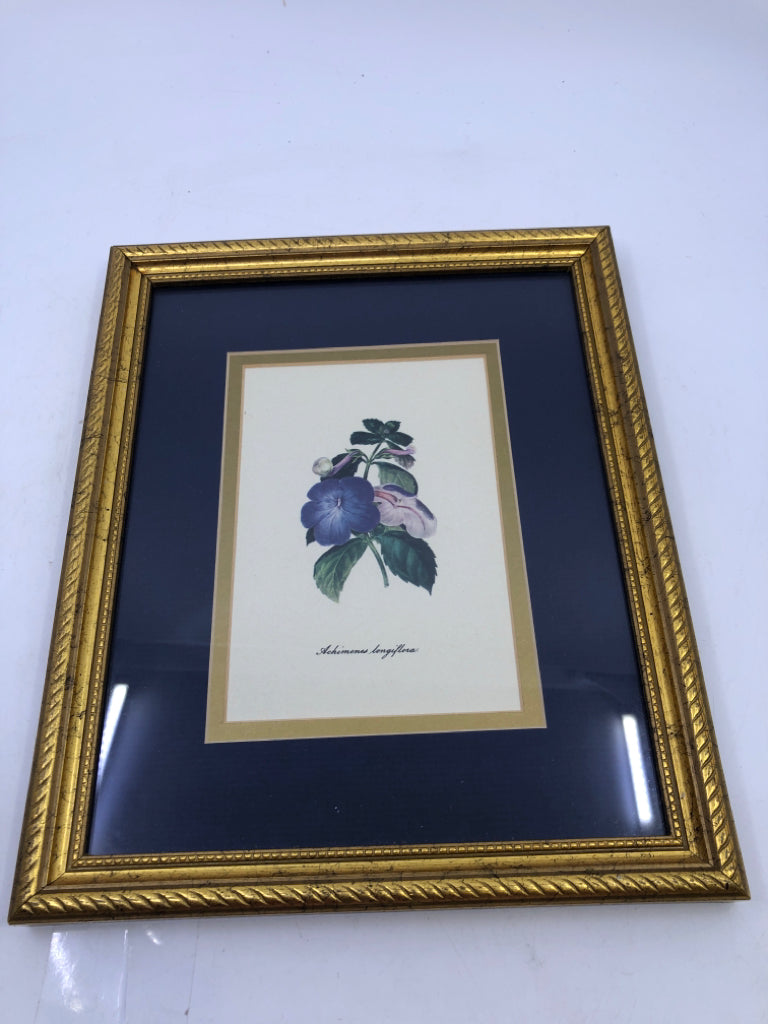 PANSIES IN GOLD FRAME BLUE BACKGROUND.