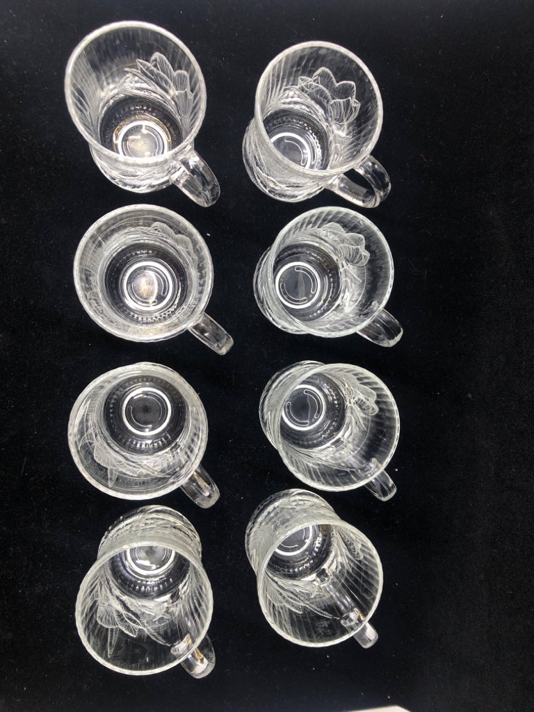 8 FLORAL CUT GLASS MUGS-ARCOROC FRANCE.