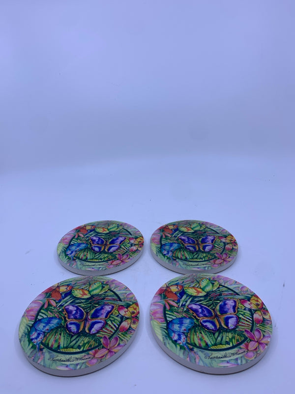 4 ROUND POTTERY COASTERS BUTTERFLIES.