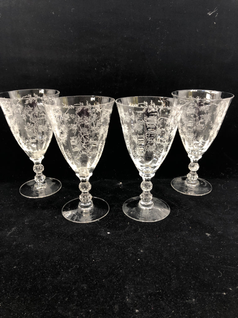 4 ETCHED FOOTED WINE GLASSES.