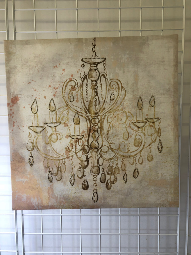 GOLD CHANDELIER W/GEMS CANVAS WALL HANGING.
