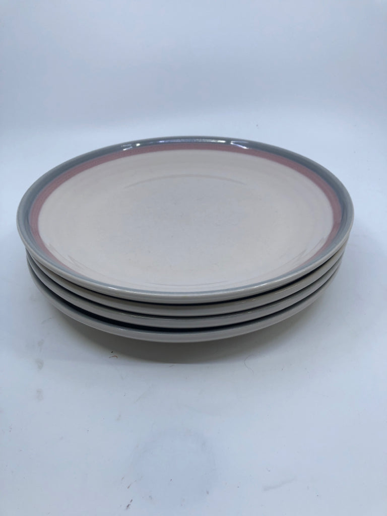 4 GREY AND PINK STRIPE DINNER PLATES.