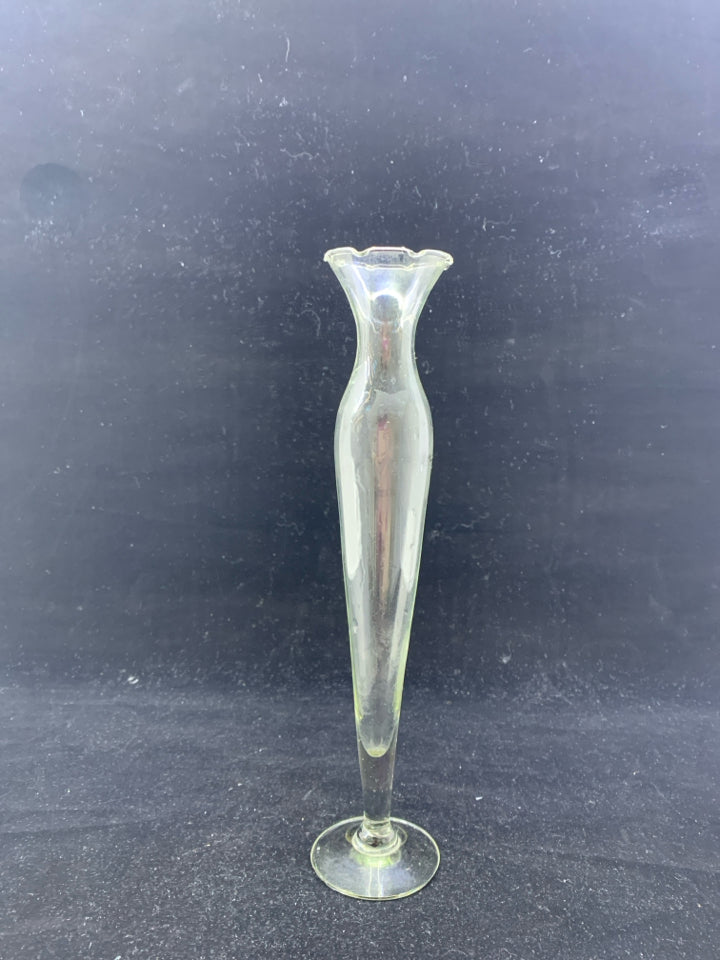 EUROFLORA CLEAR GLASS FLARE TOP BUD VASE.