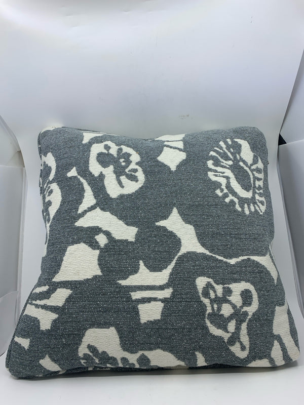 WHITE W/ BLUE/GRAY FLORAL PATTERN PILLOW.