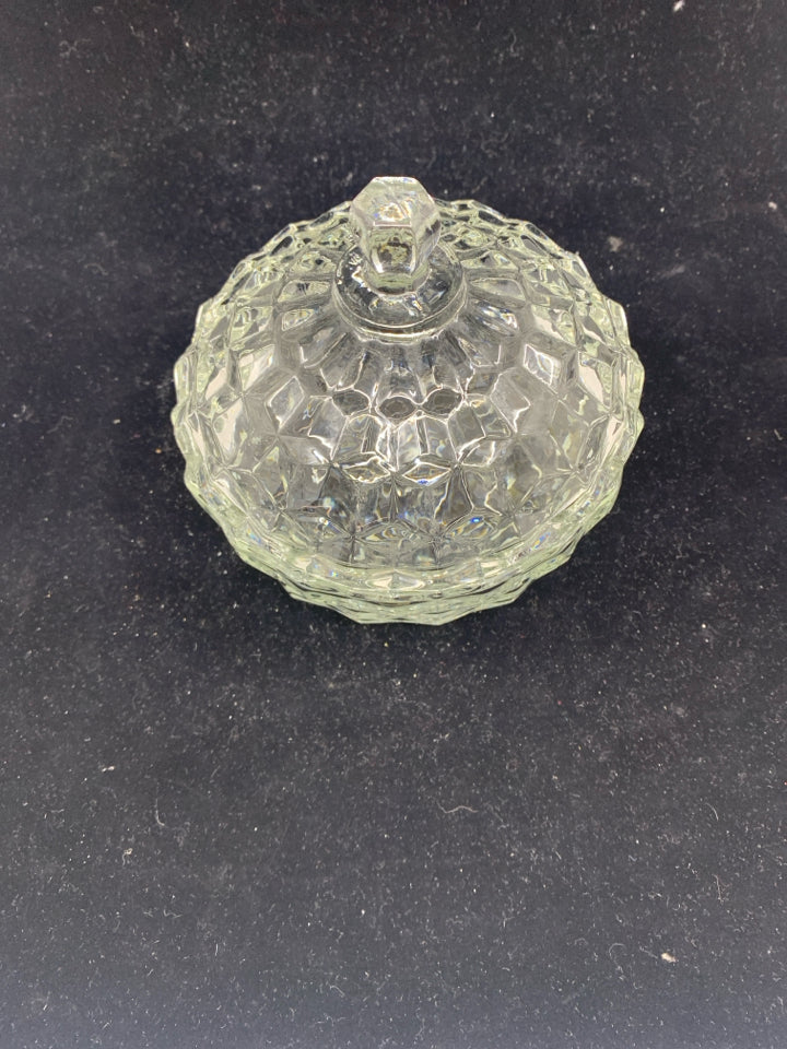 SMALL GLASS CANDY DISH W/ PATTERNS.