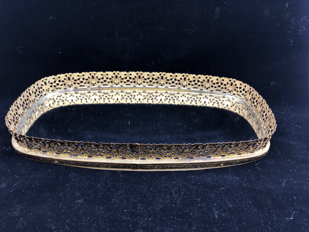 OVAL GOLD FRAMED MIRROR TRAY.