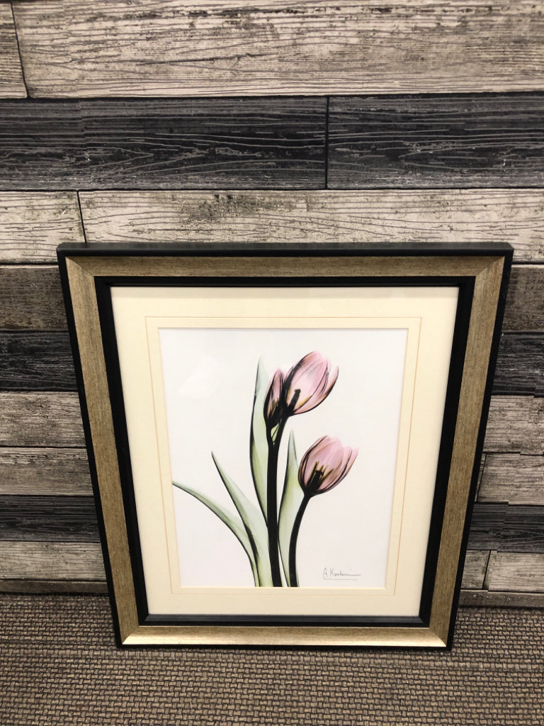 PINK TULIPS IN BLACK FRAME WALL HANGING.