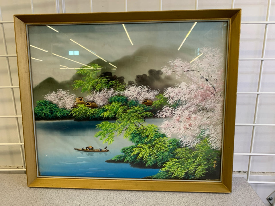 VTG PEOPLE ON BOAT W CHERRY BLOSSOMS IN GOLD FRAME WALL ART.