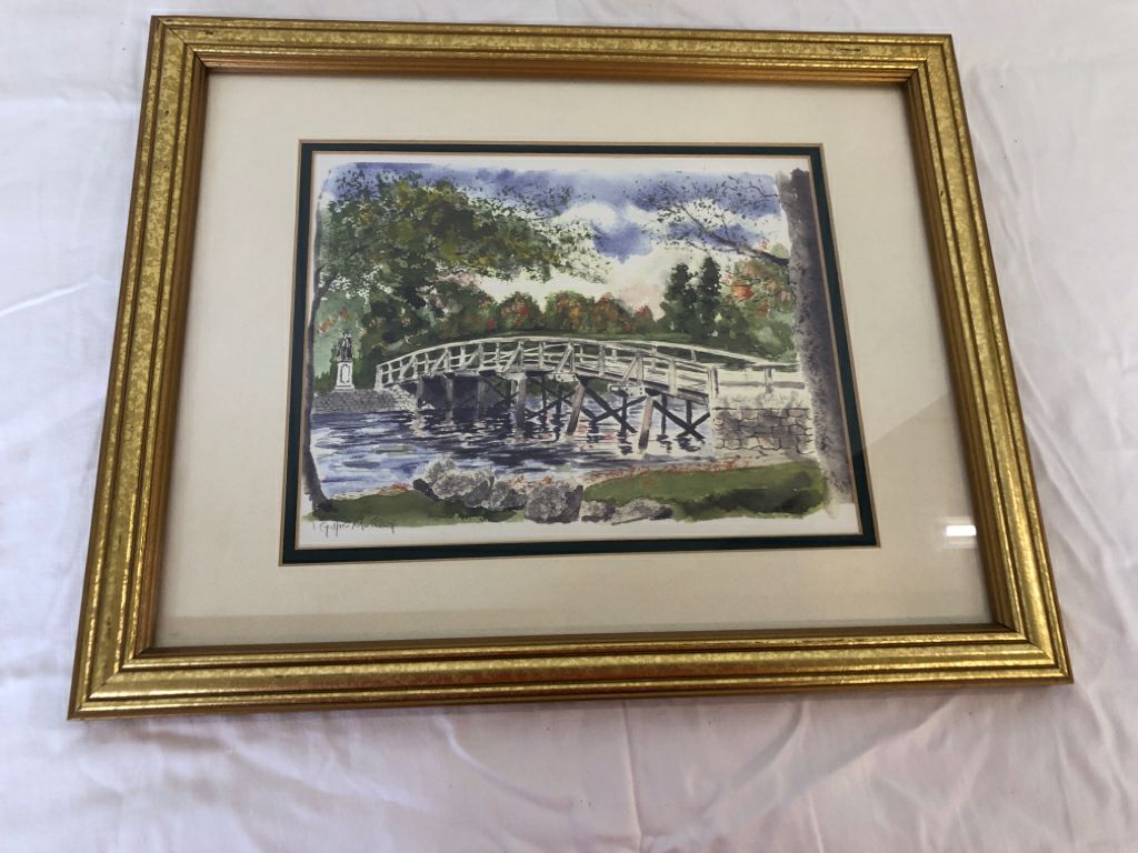 PAINTED BRIDGE SCENE W/ GREENERY SIGNED IN GOLD FRAME.