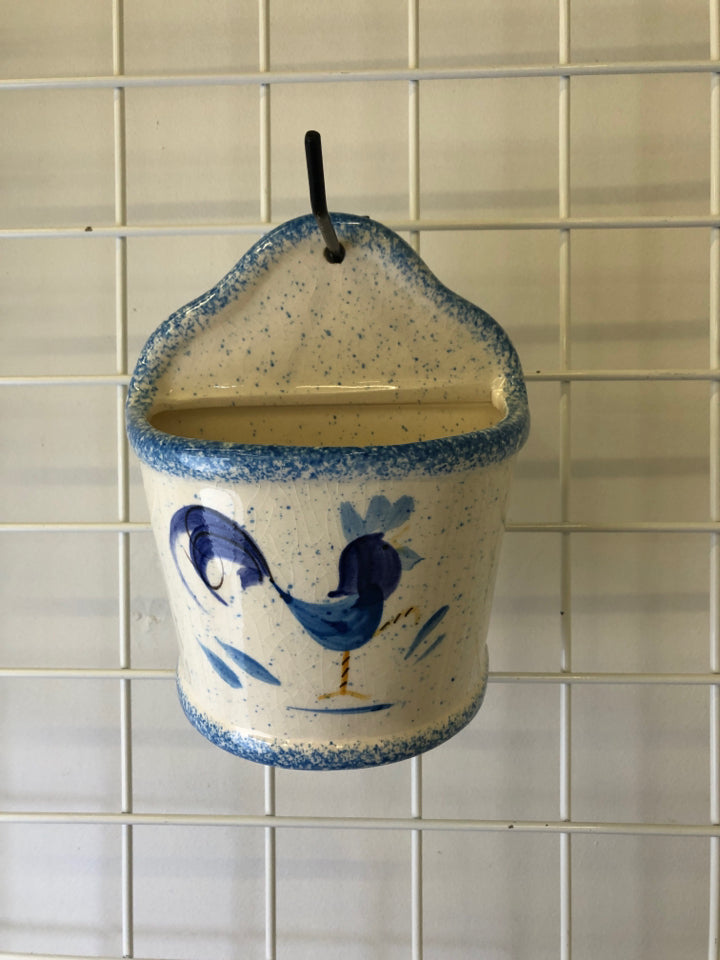 BLUE AND WHITE SPECKLED ROOSTER WALL POCKET.